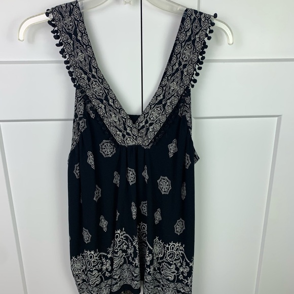 LOFT black Boho Tank Top LARGE Pom Trim V Neck - Picture 2 of 7